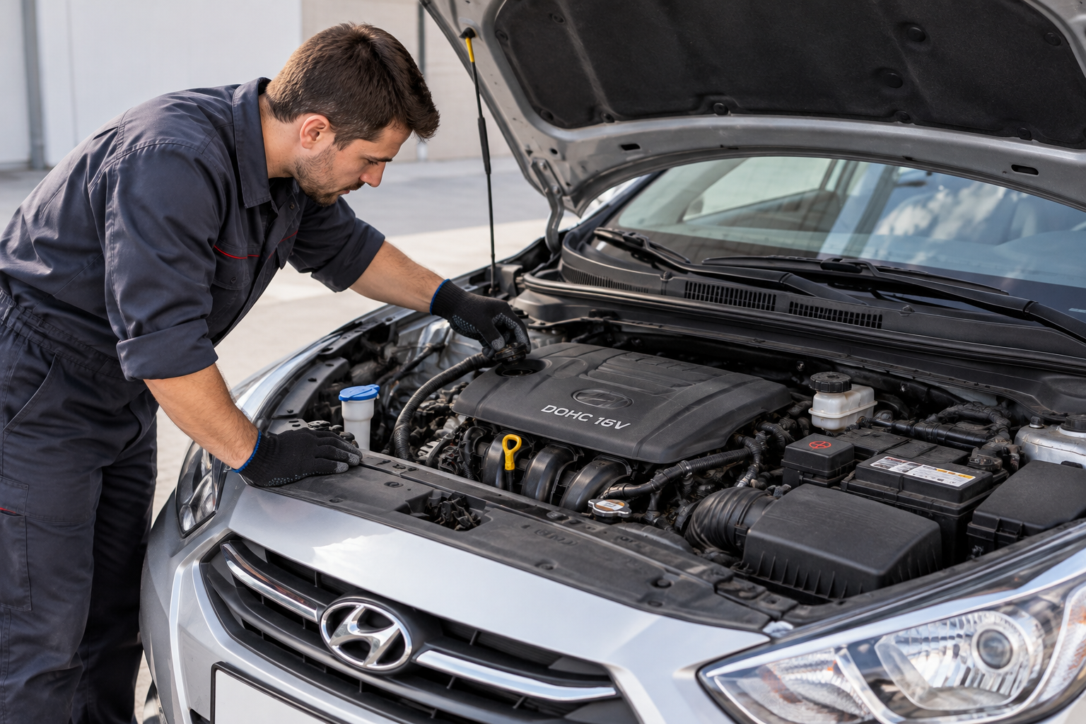 Проверка двигателя Hyundai Elantra 5 с открытым капотом