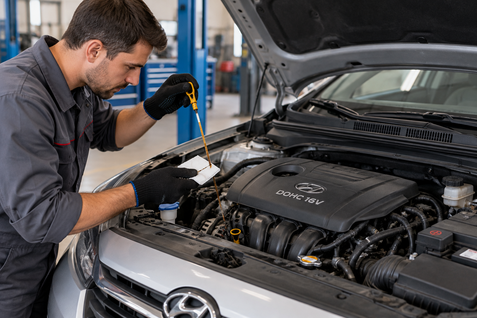 Проверка уровня масла при обслуживании двигателя Hyundai Elantra 5
